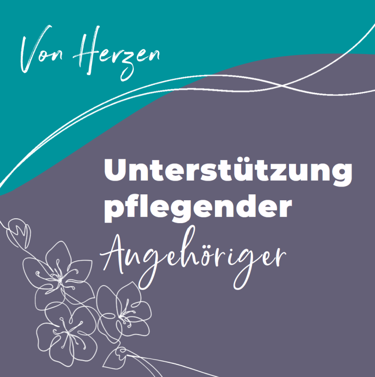 Kachel mit floralem Linienmuster, Logo " Von Herzen und handschriftlichem Schriftzug "Unterstützung pflegender Angehöriger"